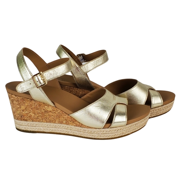 [REPOSH] New Ugg womens cloverdale metallic leather gold wedge sandals - Picture 4 of 14